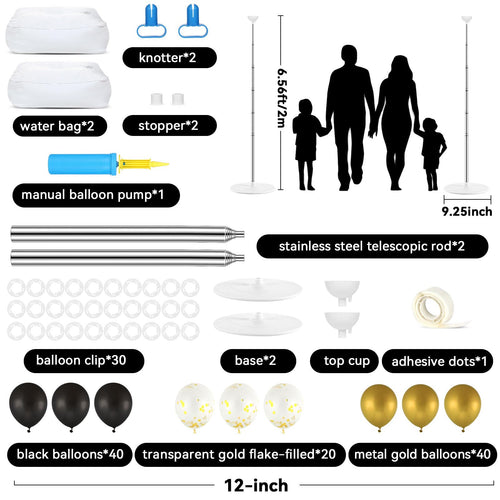 2 Set Black and Gold Balloons Column Stand Kit with 100 Balloons Adjustable Balloon Stand with Bases for Floor Black Gold Balloon Column Kit for Bridal Shower Back to School Birthday Party Decor