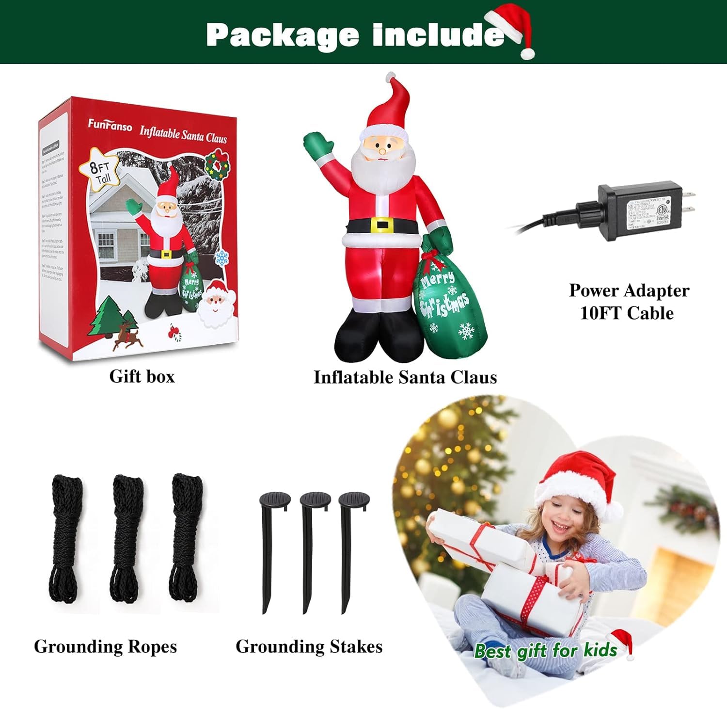 Christmas Santa Claus Inflatable Outdoor Decoration with LED Lights and Gift Bag