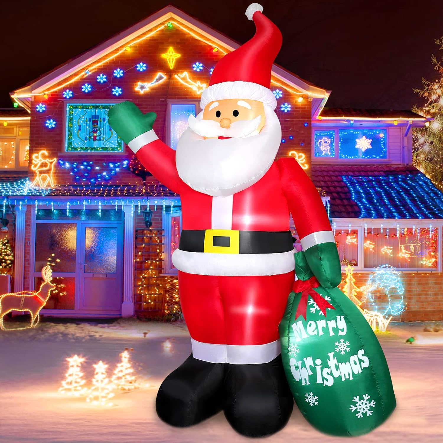 Christmas Santa Claus Inflatable Outdoor Decoration with LED Lights and Gift Bag