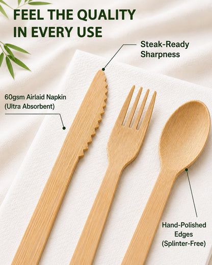Bamboo Cutlery Set with Rolled Napkins for Party and Events