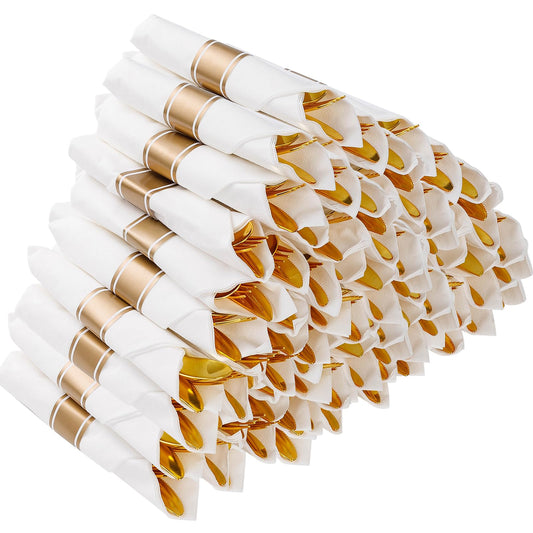 Wrapped Disposable Silverware Set with Forks, Knives, Spoons and Napkins