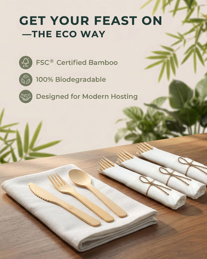 Bamboo Cutlery Set with Rolled Napkins for Party and Events
