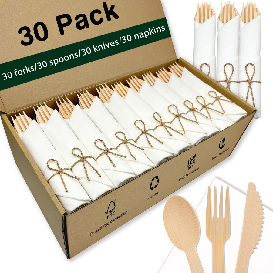 Bamboo Cutlery Set with Rolled Napkins for Party and Events