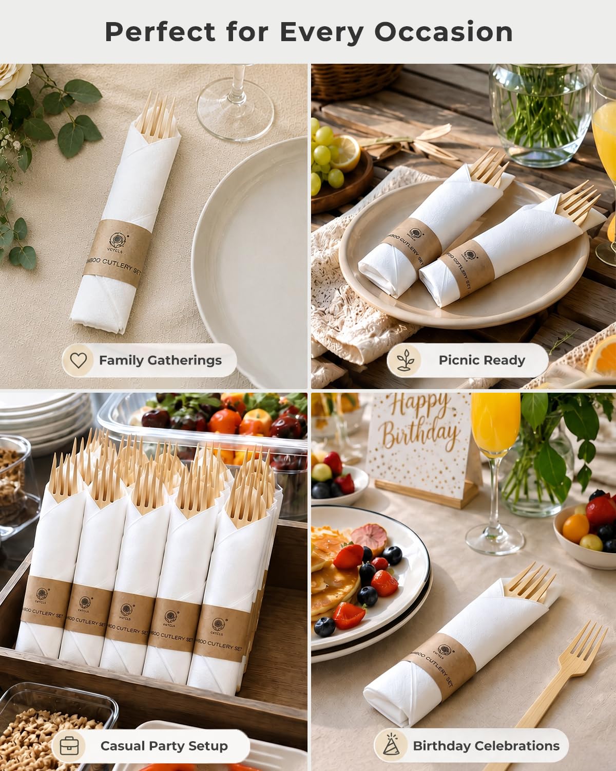Eco-Friendly Bamboo Cutlery Set with Forks, Knives, Spoons and Napkins