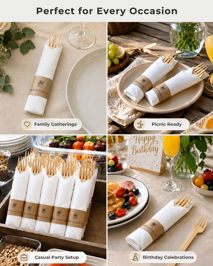 Eco-Friendly Bamboo Cutlery Set with Forks, Knives, Spoons and Napkins