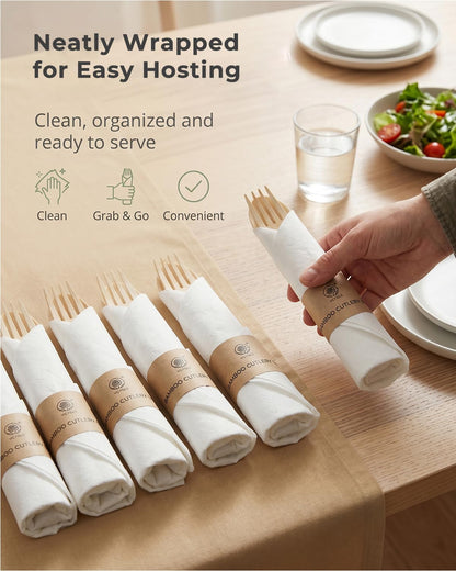 Eco-Friendly Bamboo Cutlery Set with Forks, Knives, Spoons and Napkins