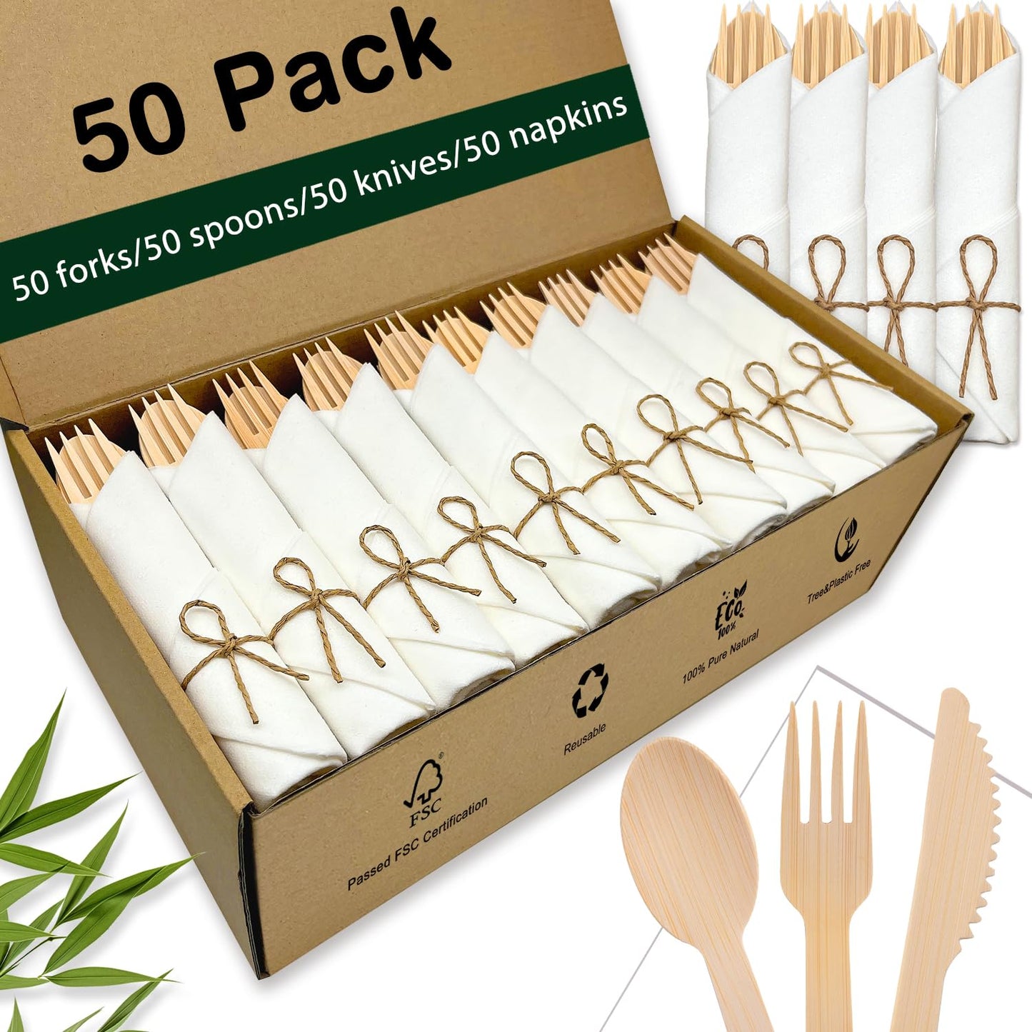 Bamboo Cutlery Set with Rolled Napkins for Party and Events