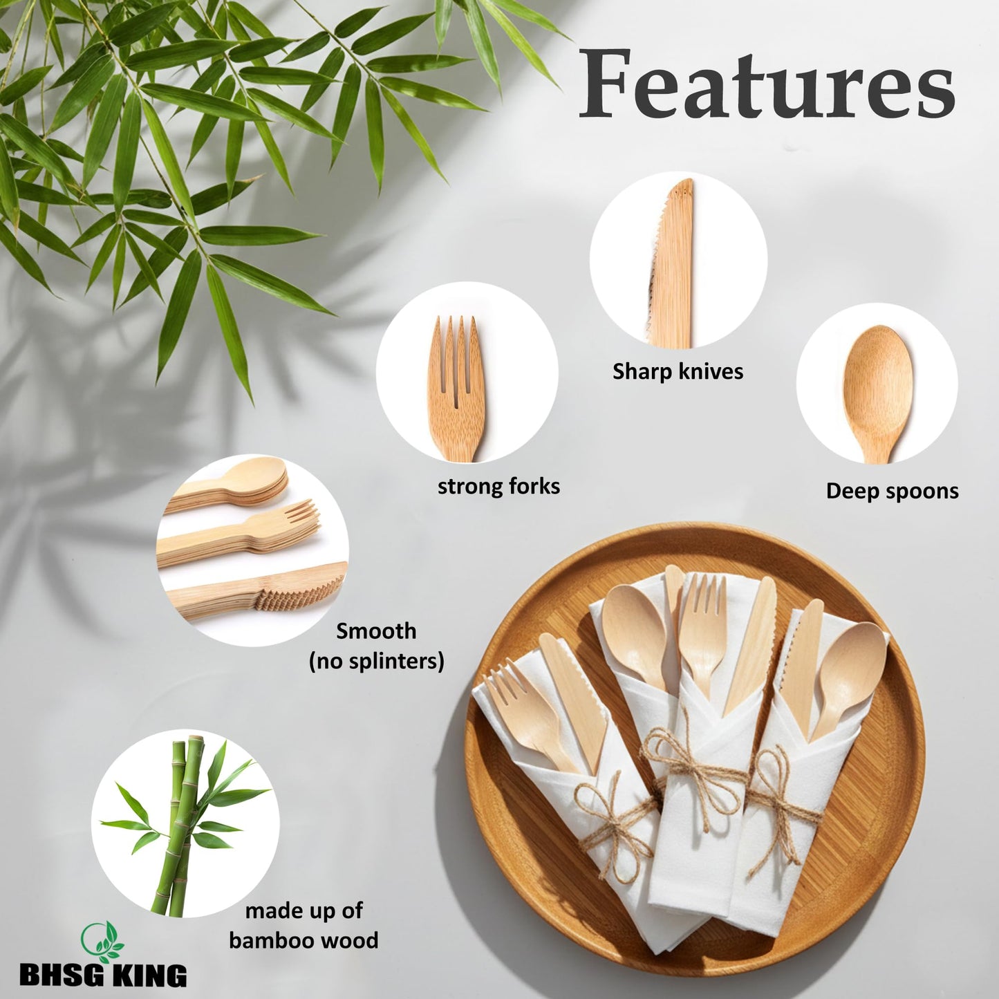 Premium Bamboo Cutlery Set with Rolled Napkins for Events