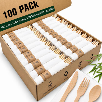 Eco-Friendly Bamboo Cutlery Set with Forks, Knives, Spoons and Napkins
