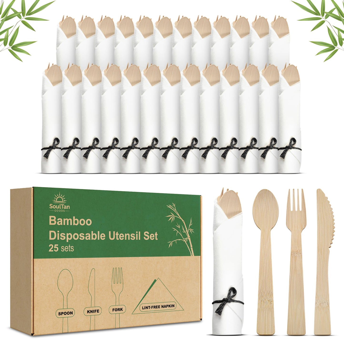 Bamboo Cutlery Set with Rolled Napkins for Weddings and Parties