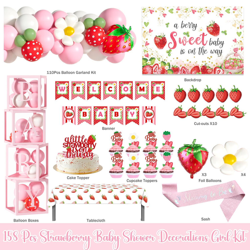 Strawberry Baby Shower Decorations Set with Backdrop, Balloons and Banner