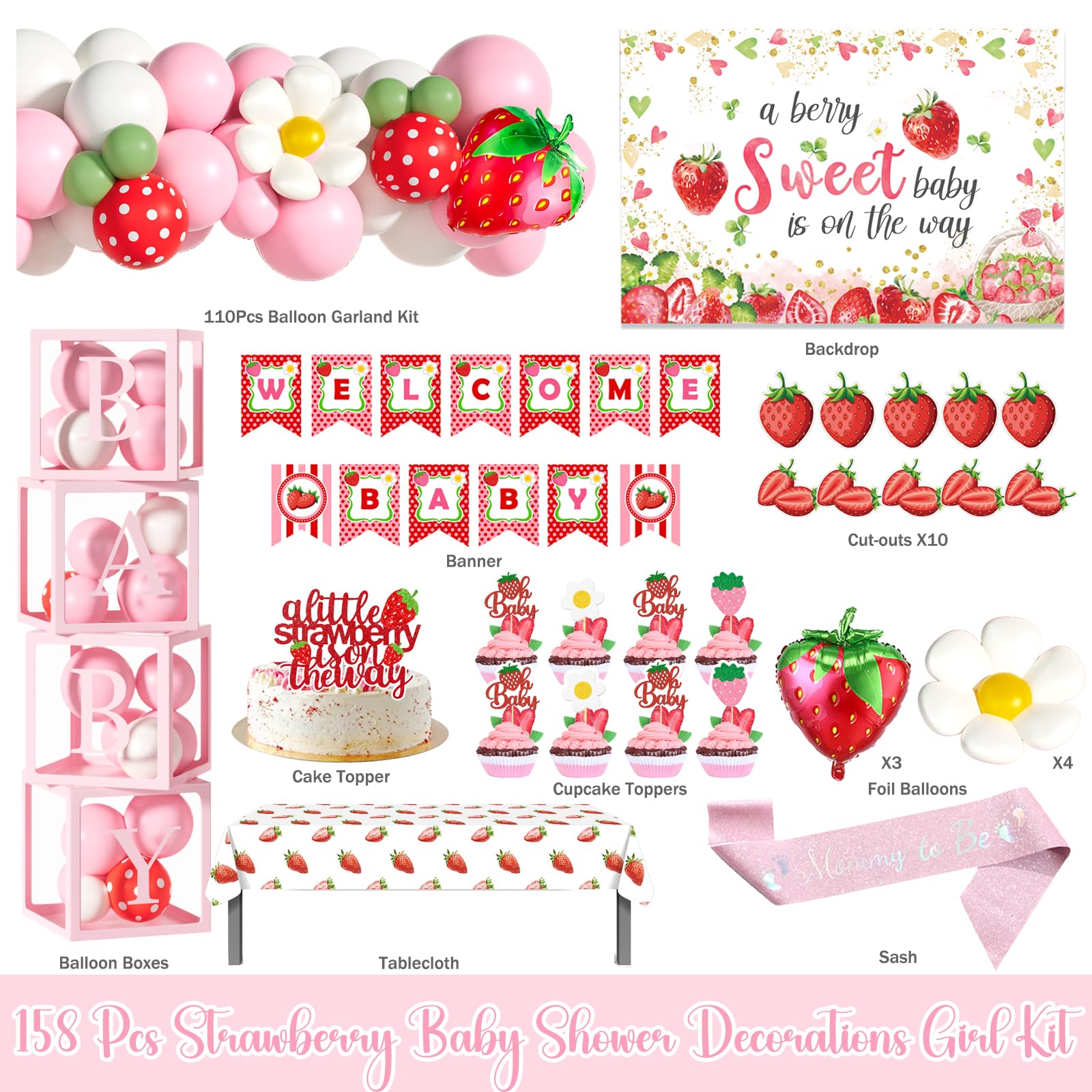 Strawberry Baby Shower Decorations Set with Backdrop, Balloons and Banner