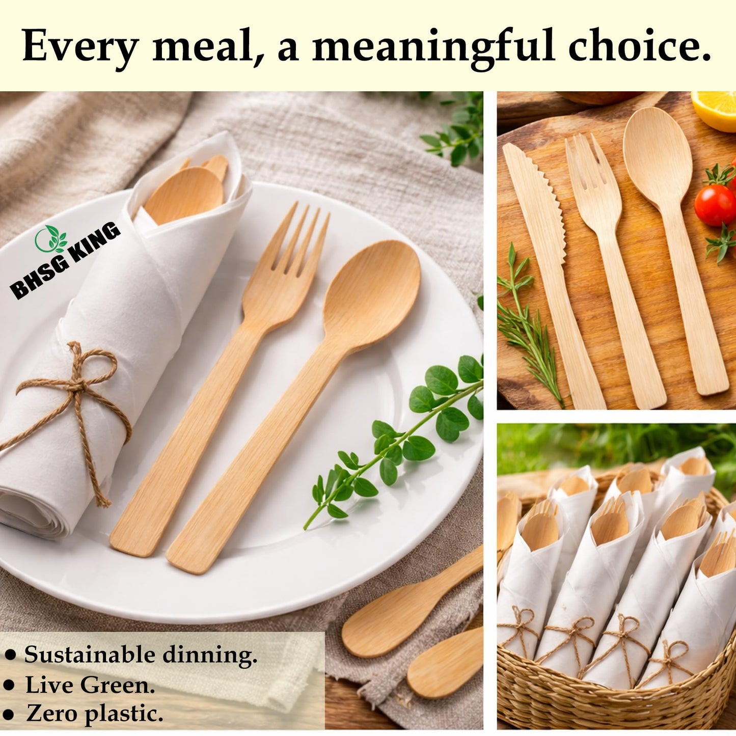Premium Bamboo Cutlery Set with Rolled Napkins for Events