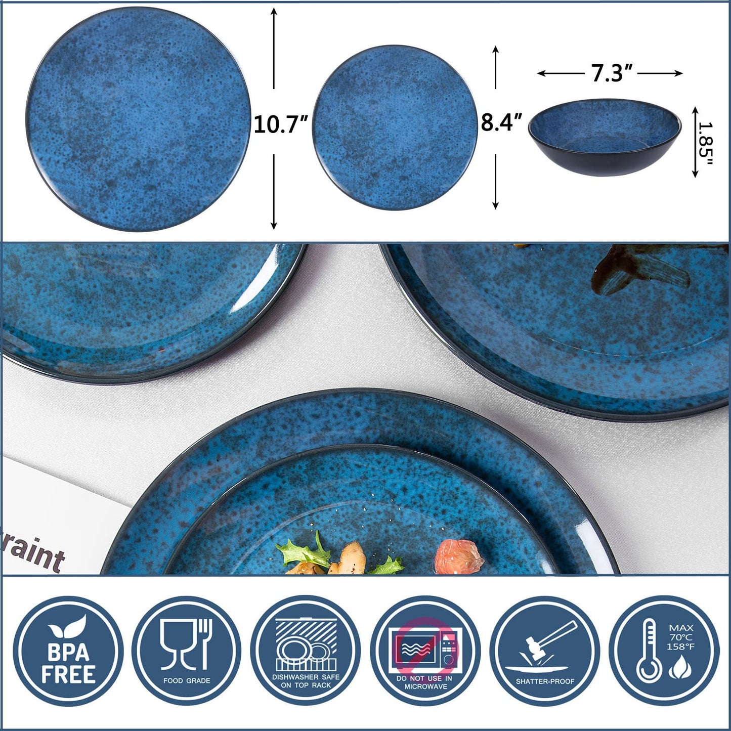 Blue Melamine Dinnerware Set with Plates and Bowls for Everyday Use