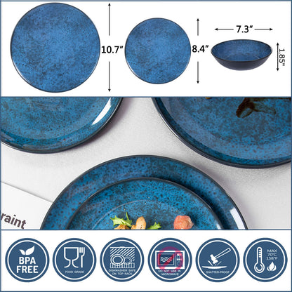 Blue Melamine Dinnerware Set with Plates and Bowls for Everyday Use