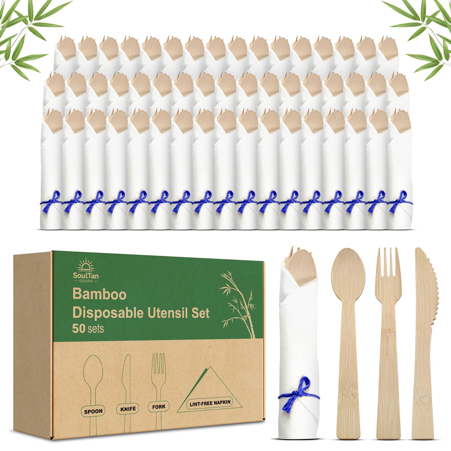 Bamboo Cutlery Set with Rolled Napkins for Weddings and Parties