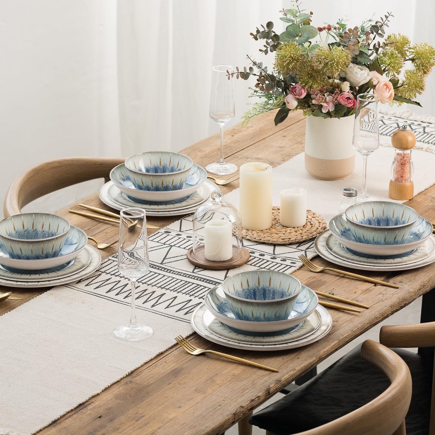 Melamine Dinnerware Set with Plates and Bowls for Indoor and Outdoor Use