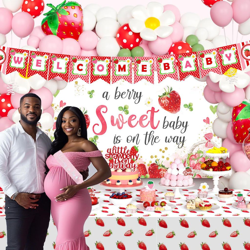 Strawberry Baby Shower Decorations Set with Backdrop, Balloons and Banner