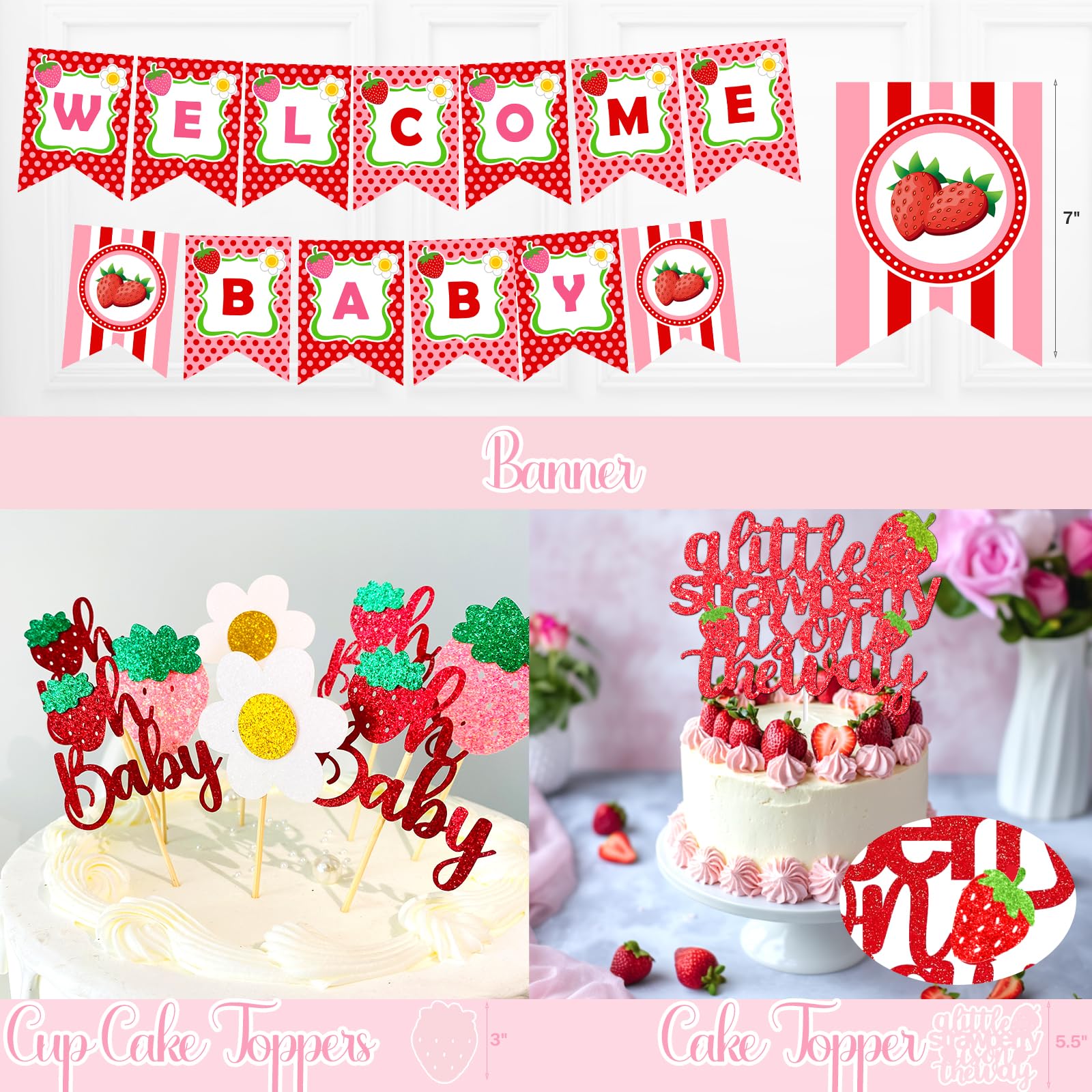 Strawberry Baby Shower Decorations Set with Backdrop, Balloons and Banner