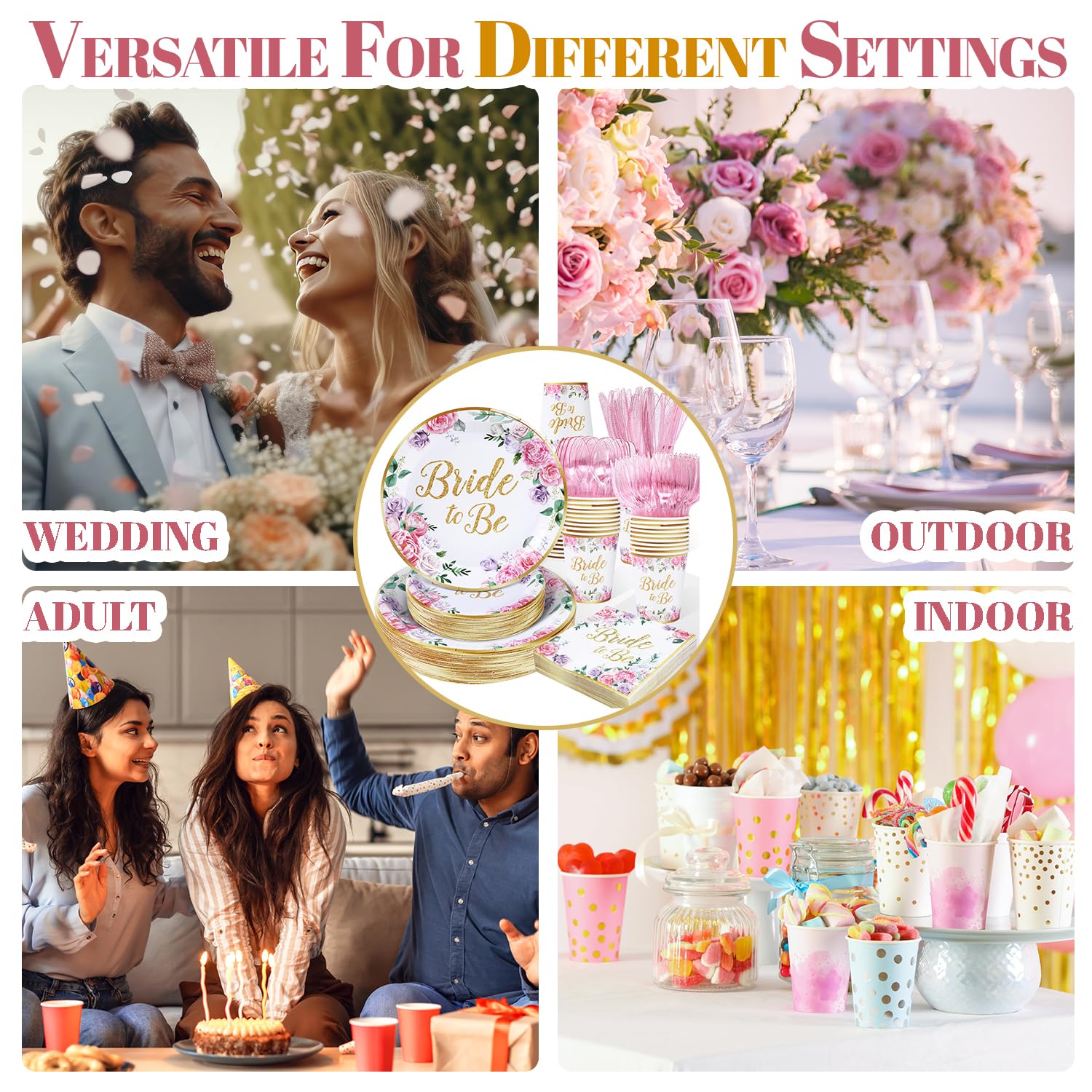 Floral Bridal Shower Tableware Set with Plates, Napkins and Cups