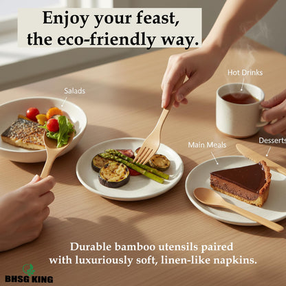 Premium Bamboo Cutlery Set with Rolled Napkins for Events