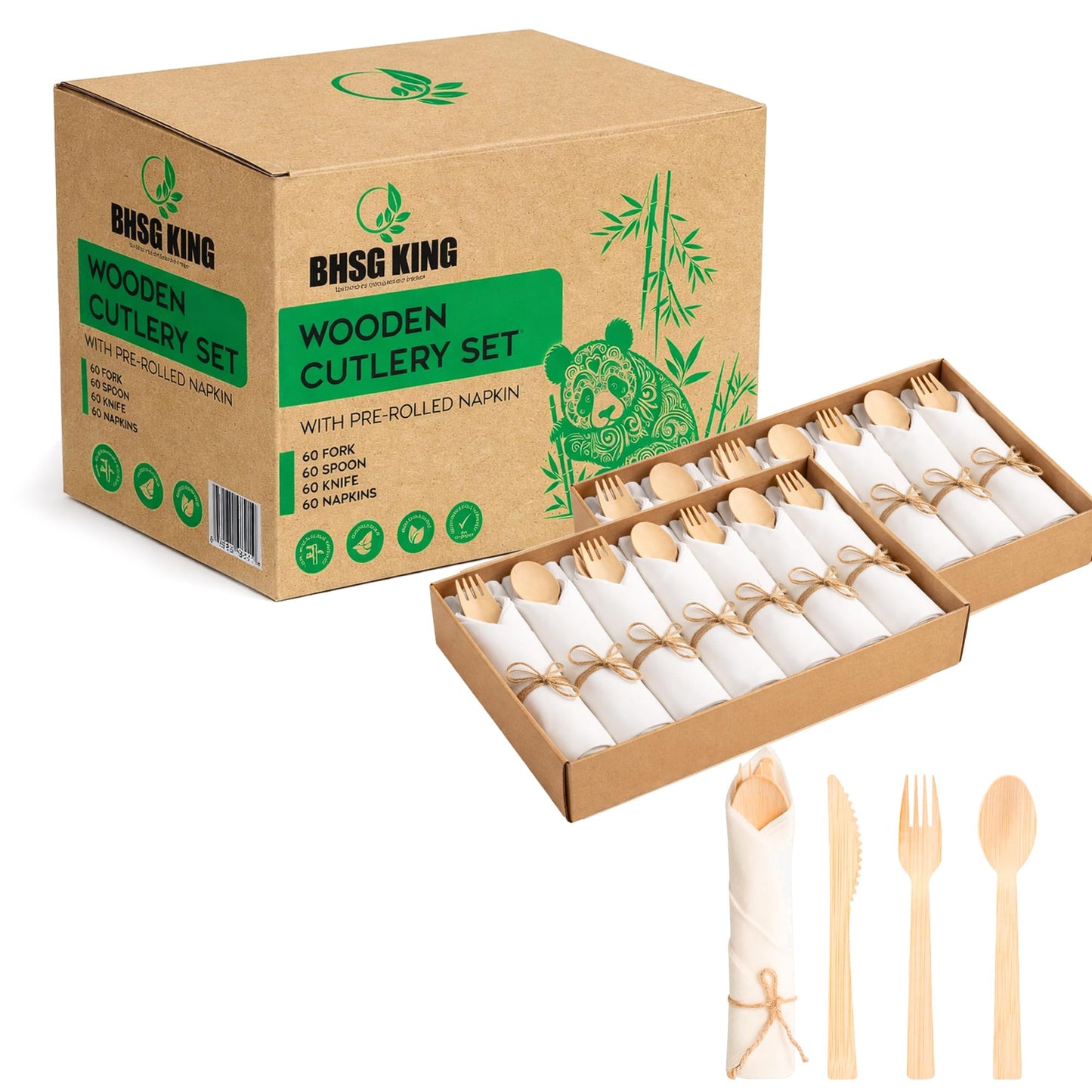 Premium Bamboo Cutlery Set with Rolled Napkins for Events