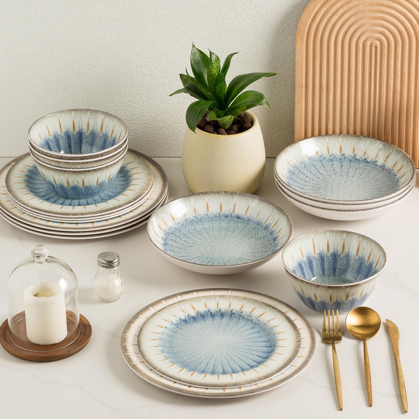 Melamine Dinnerware Set with Plates and Bowls for Indoor and Outdoor Use