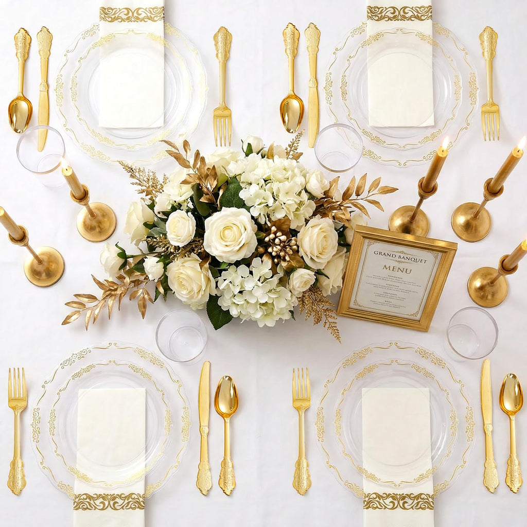 Elegant Disposable Dinnerware Set with Plates, Cups and Cutlery