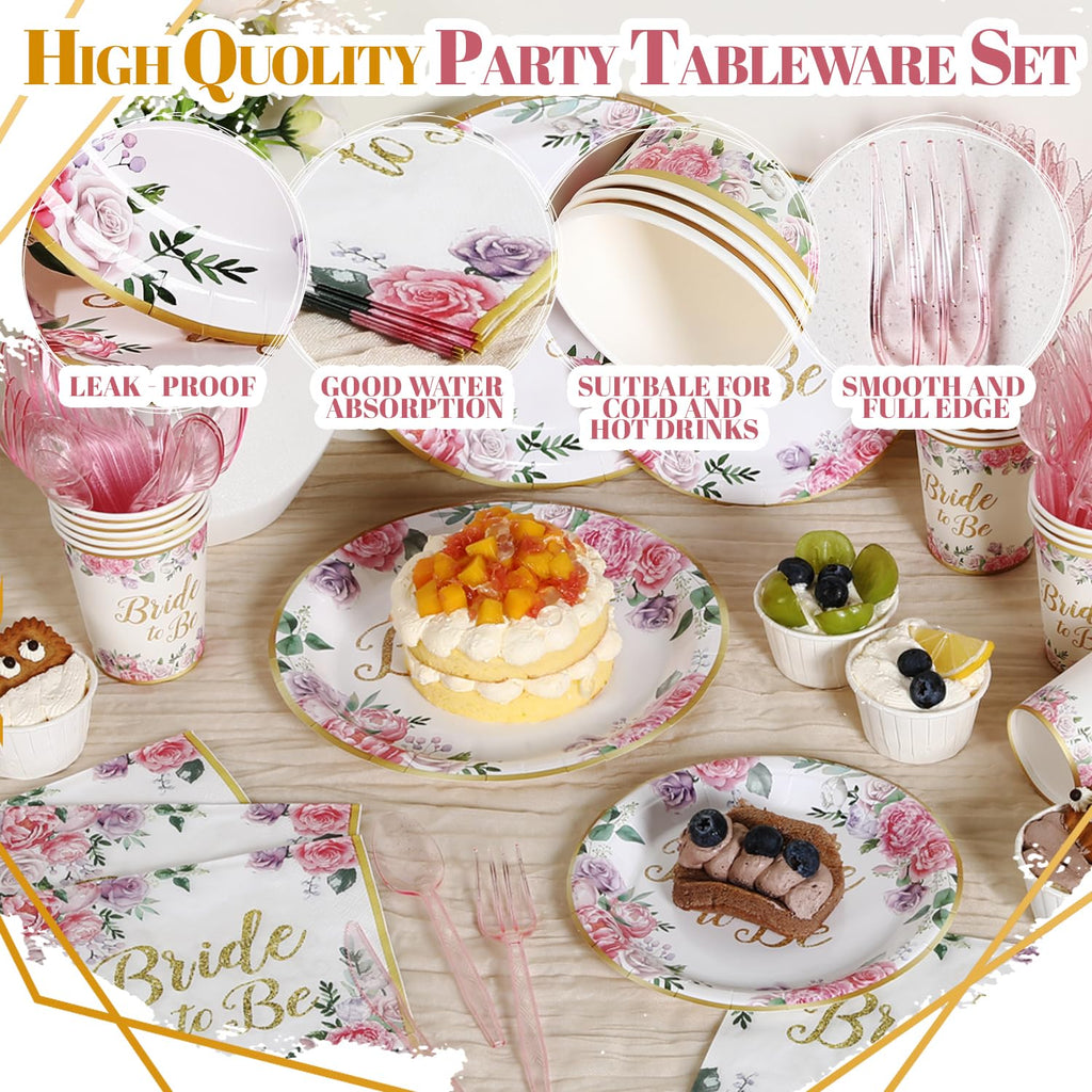 Floral Bridal Shower Tableware Set with Plates, Napkins and Cups