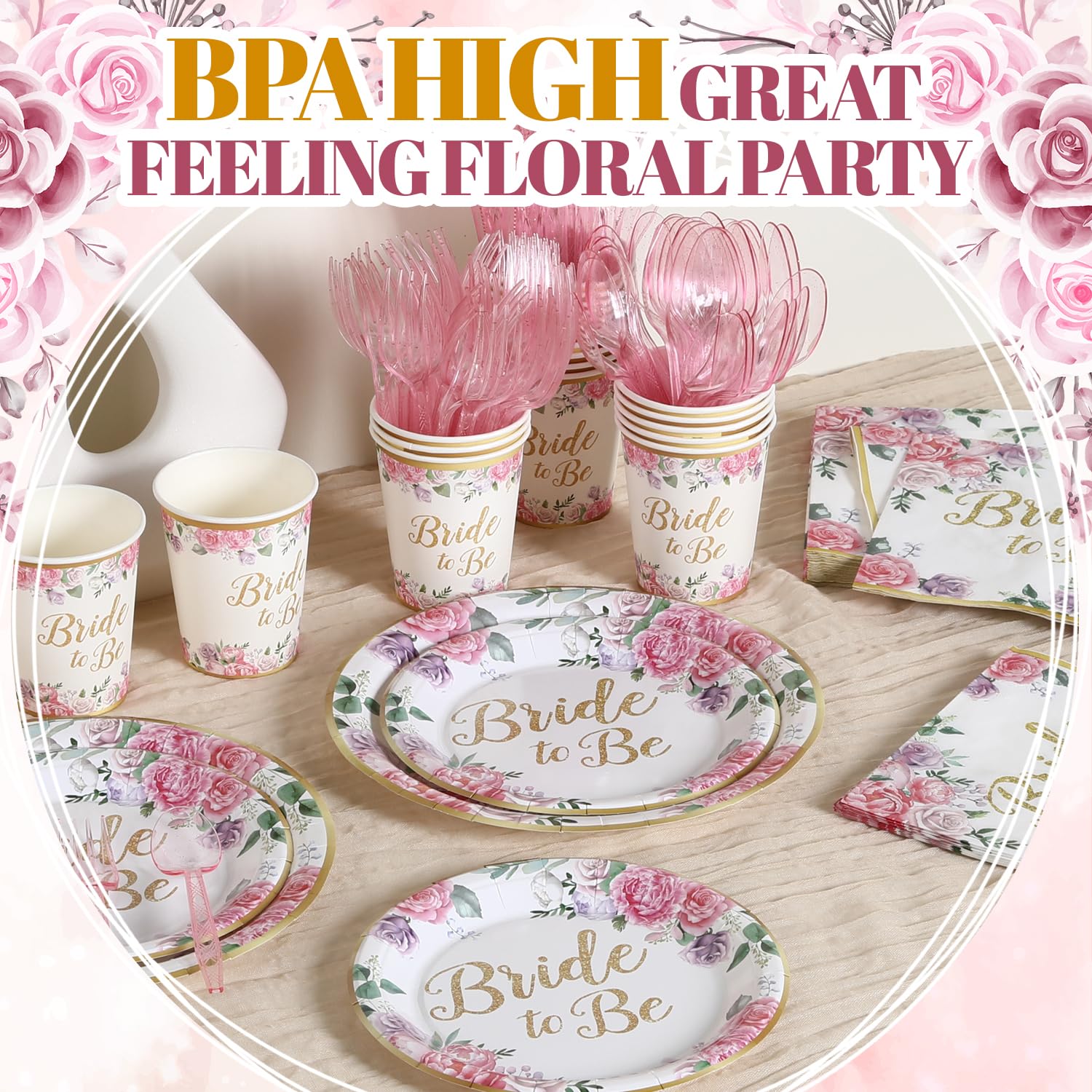 Floral Bridal Shower Tableware Set with Plates, Napkins and Cups