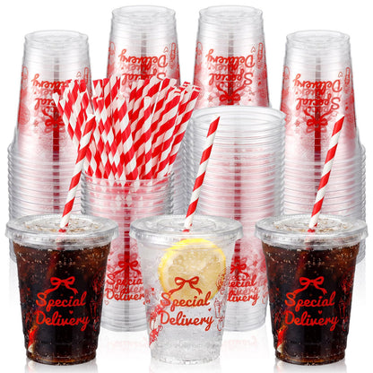 Red Plastic Cups with Lids and Straws for Party Drinks and Events