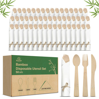 Bamboo Cutlery Set with Rolled Napkins for Weddings and Parties