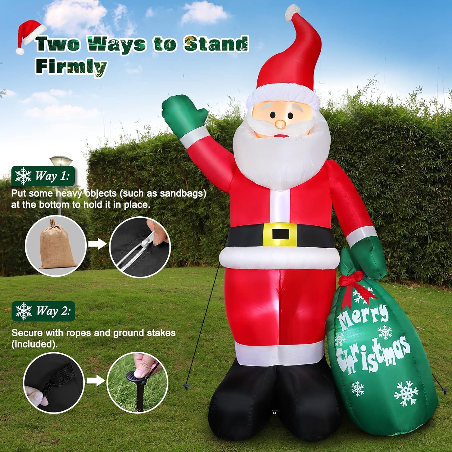 Christmas Santa Claus Inflatable Outdoor Decoration with LED Lights and Gift Bag
