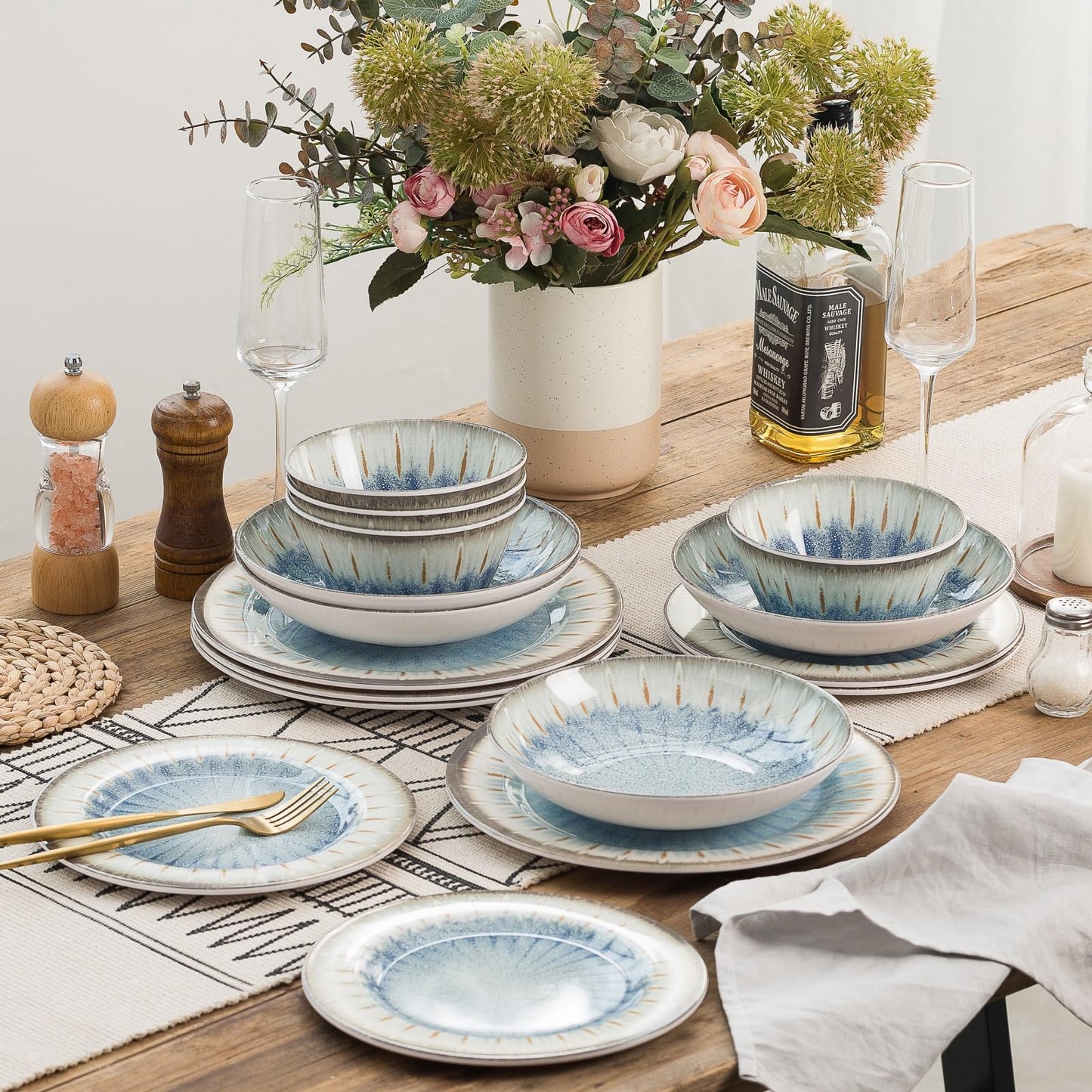 Melamine Dinnerware Set with Plates and Bowls for Indoor and Outdoor Use