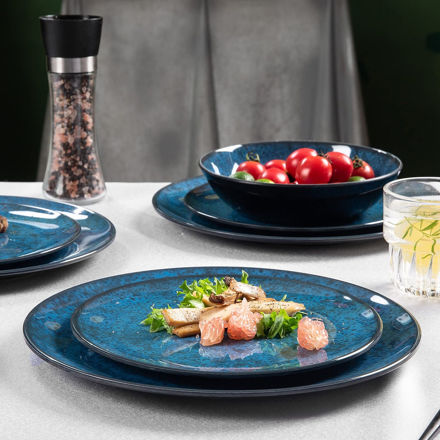 Blue Melamine Dinnerware Set with Plates and Bowls for Everyday Use