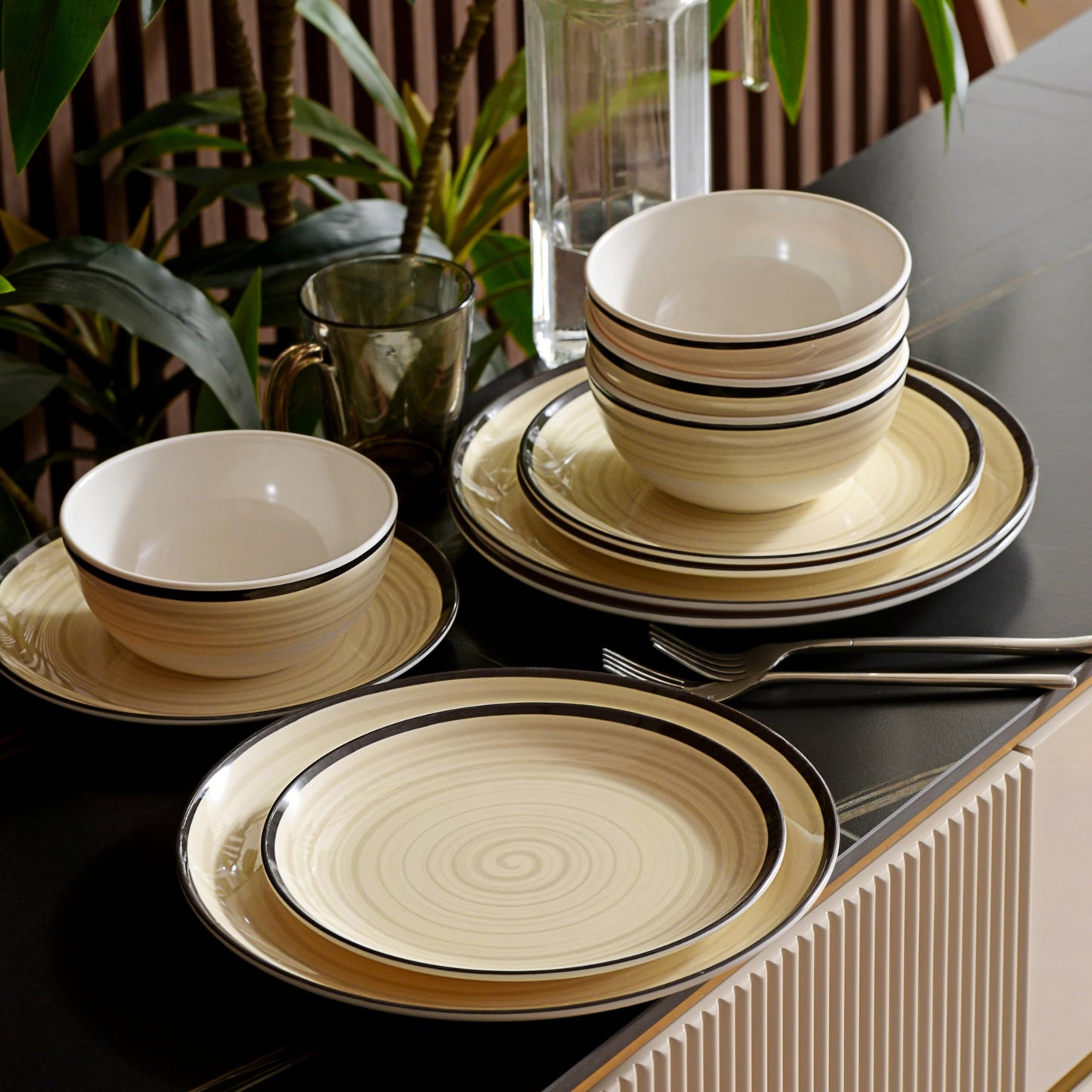 Green Melamine Dinnerware Set with Plates and Bowls for Camping and RV Use