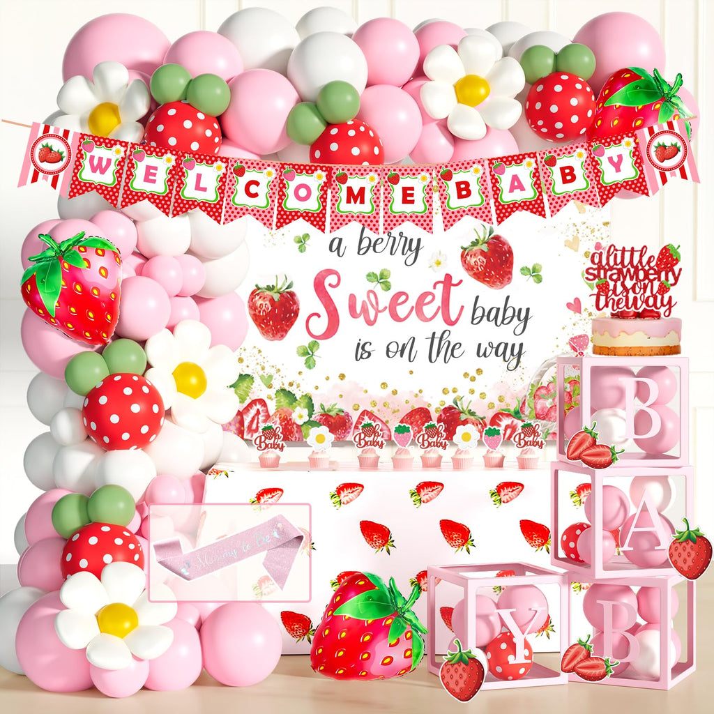 Strawberry Baby Shower Decorations Set with Backdrop, Balloons and Banner