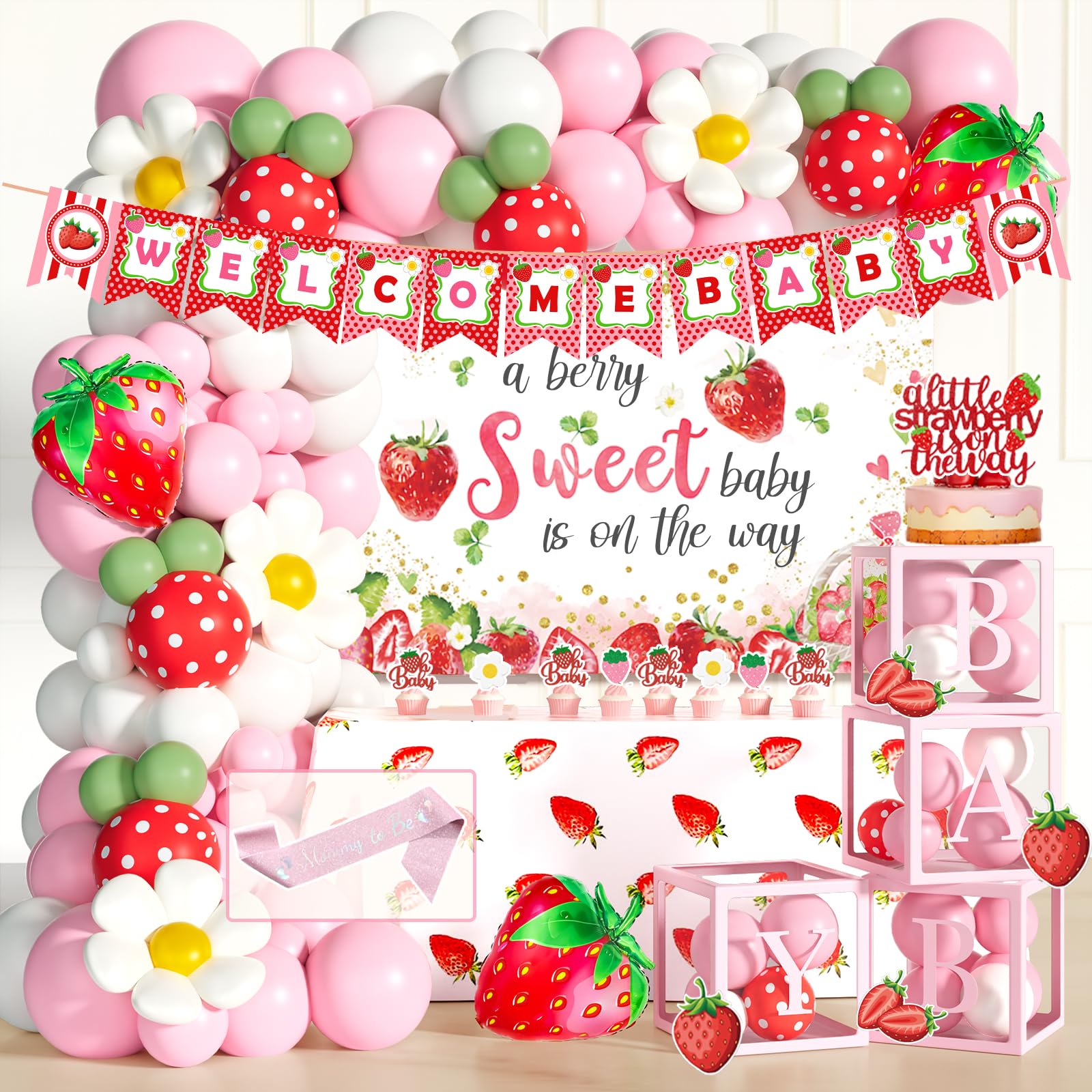 Strawberry Baby Shower Decorations Set with Backdrop, Balloons and Banner