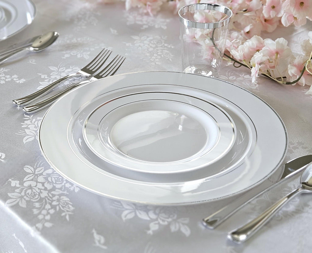 Wedding Disposable Dinnerware Set with Plates, Silverware and Tumblers