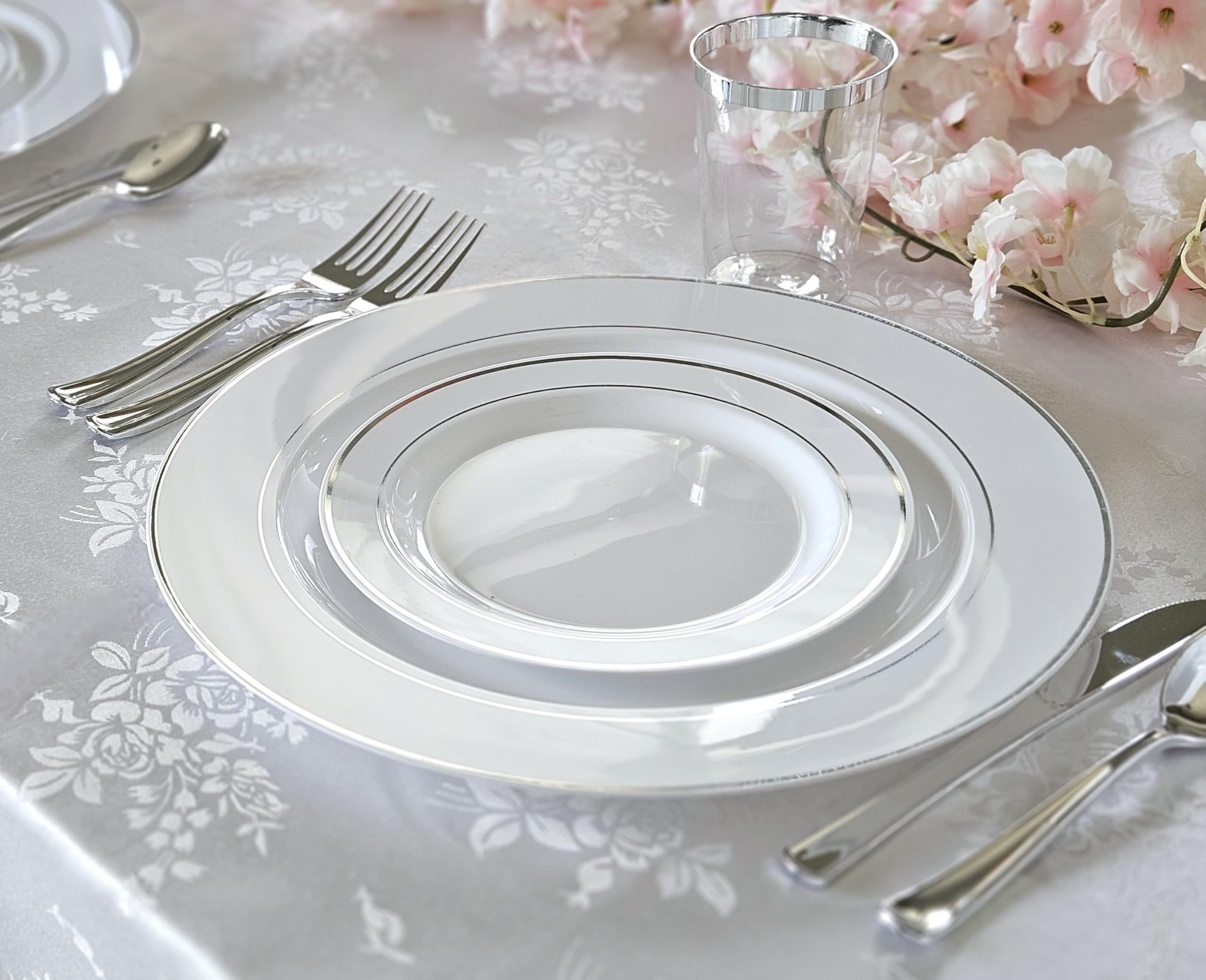 Wedding Disposable Dinnerware Set with Plates, Silverware and Tumblers