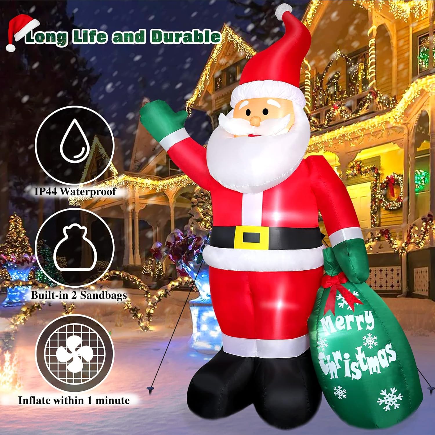 Christmas Santa Claus Inflatable Outdoor Decoration with LED Lights and Gift Bag