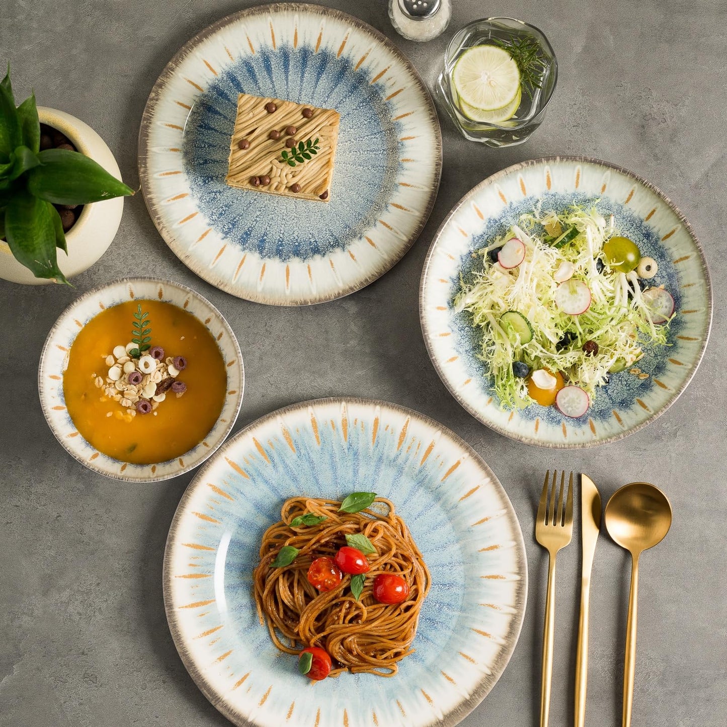 Melamine Dinnerware Set with Plates and Bowls for Indoor and Outdoor Use